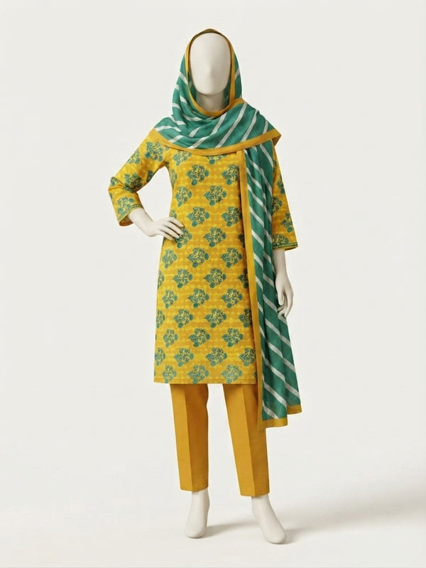 Yellow Floral Motif Kameez with Striped Leheriya Dupatta 3-Piece Suit