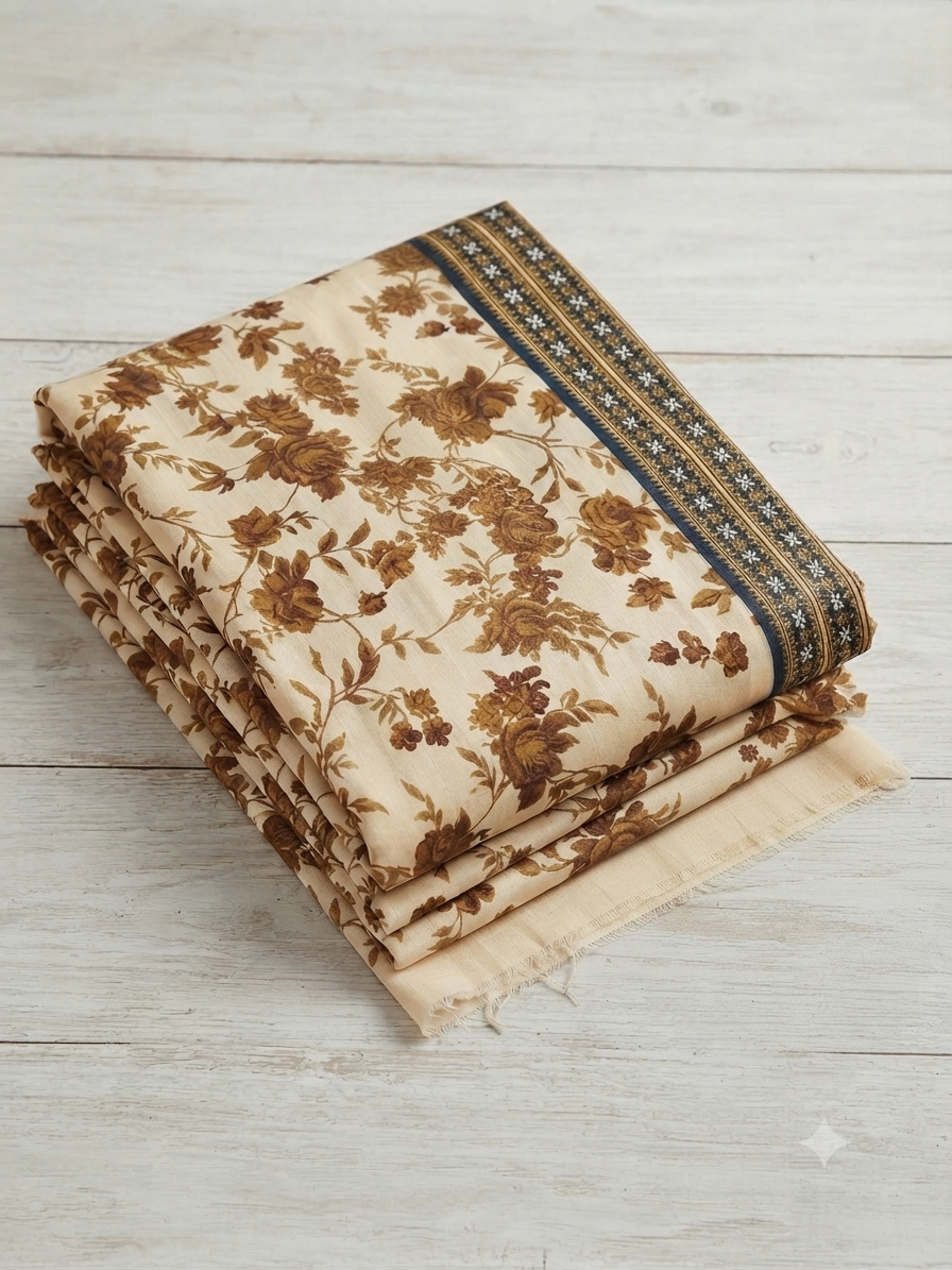 Polo Cotton: 4-Meter Unstitched Premium Cotton Suit Fabric - Cream & Bronze Floral