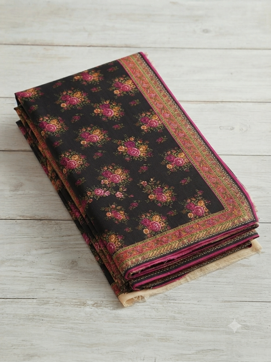 Polo Cotton: 4-Meter Unstitched Premium Cotton Suit Fabric - Black & Magenta Floral