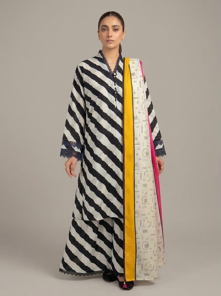 Black & White Striped 2-Piece Lawn Suit with Printed Dupatta