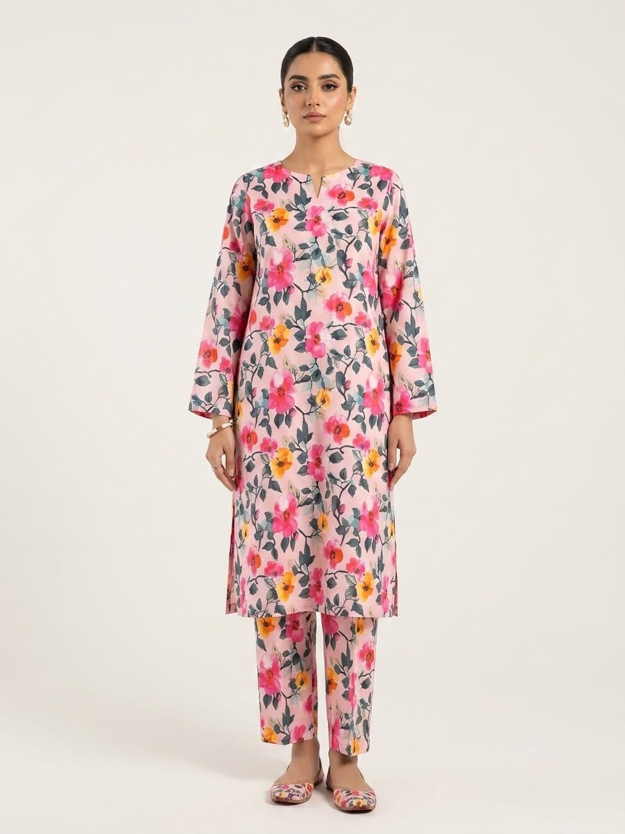 Soft Pink Blossom Printed Polo Cotton Unstitched Dress – 4M Fabric