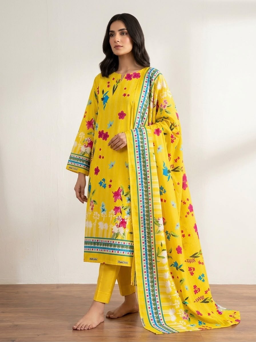 Sunshine Yellow Printed Polo Cotton Unstitched Dress – 4M Fabric
