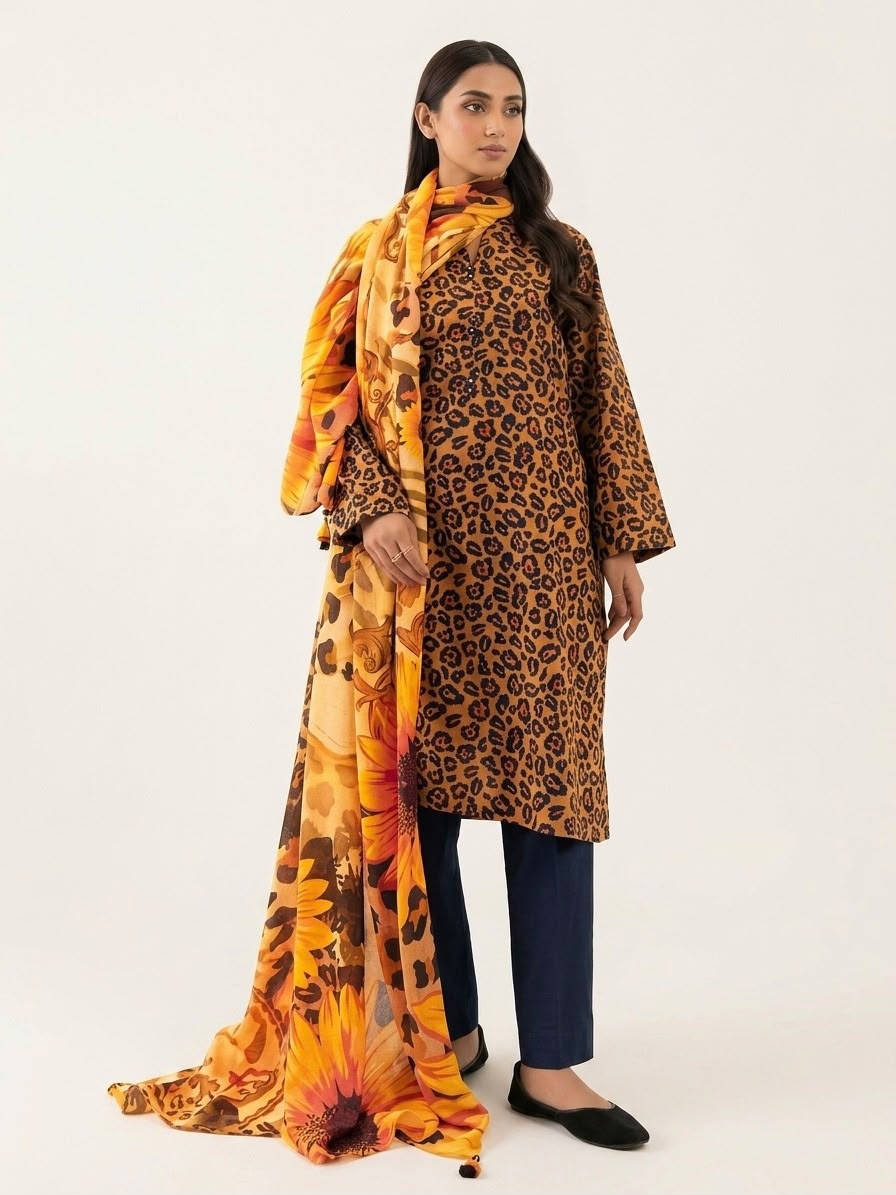 Leopard Print 3-Piece Lawn Suit with Floral Printed Dupatta