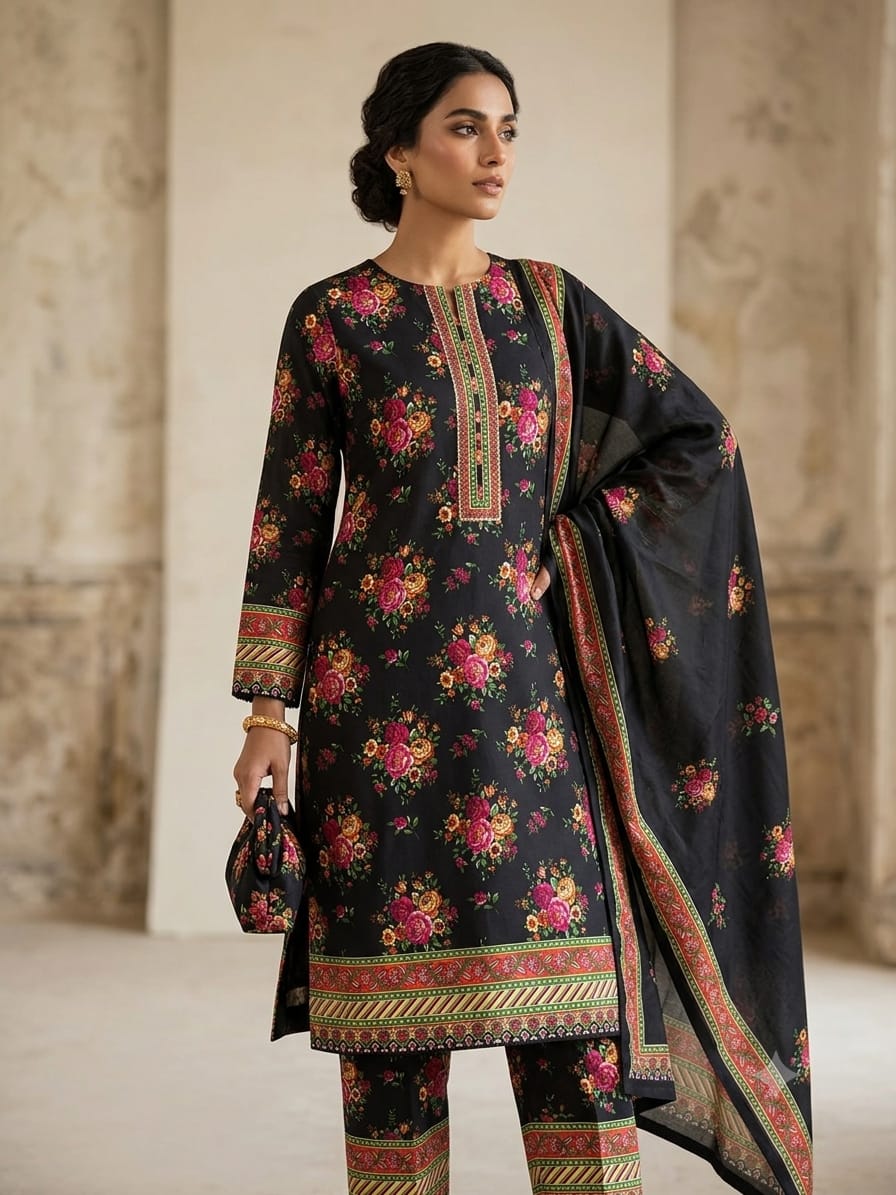 Polo Cotton: 4-Meter Unstitched Premium Cotton Fabric (Suit Length) - Deep Black with Vibrant Floral Print