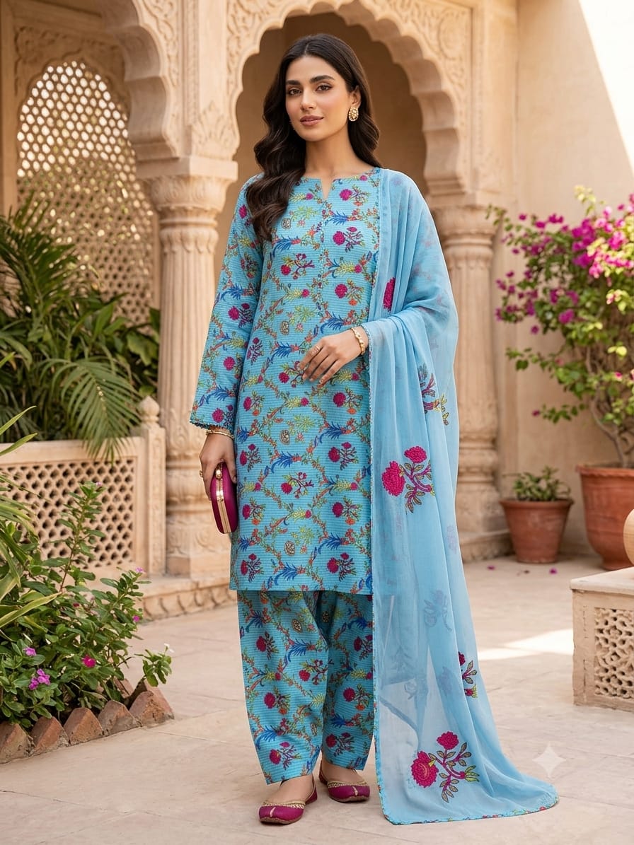 Polo Cotton: 4-Meter Unstitched Premium Cotton Suit Fabric - Blue Floral