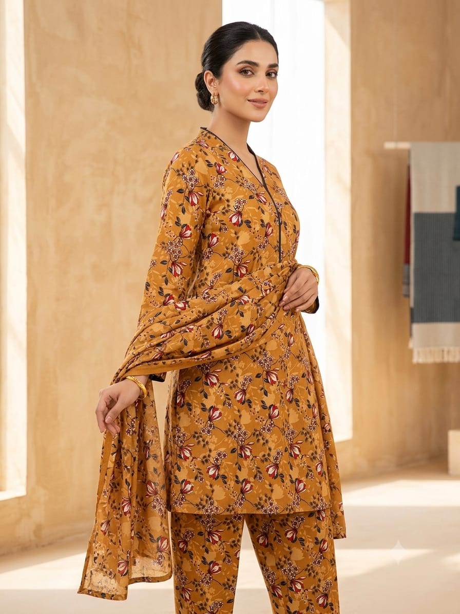 Polo Cotton: 4-Meter Unstitched Premium Cotton Suit Fabric - Mustard Floral