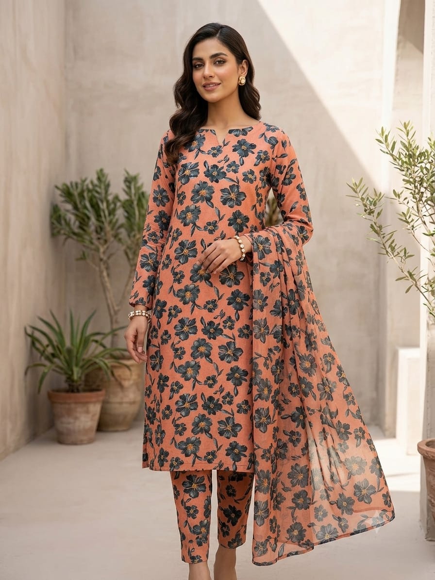 Polo Cotton: 4-Meter Unstitched Premium Cotton Suit Fabric - Peach Floral
