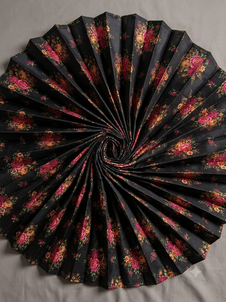 Polo Cotton: 4-Meter Unstitched Premium Cotton Fabric (Suit Length) - Deep Black with Vibrant Floral Print