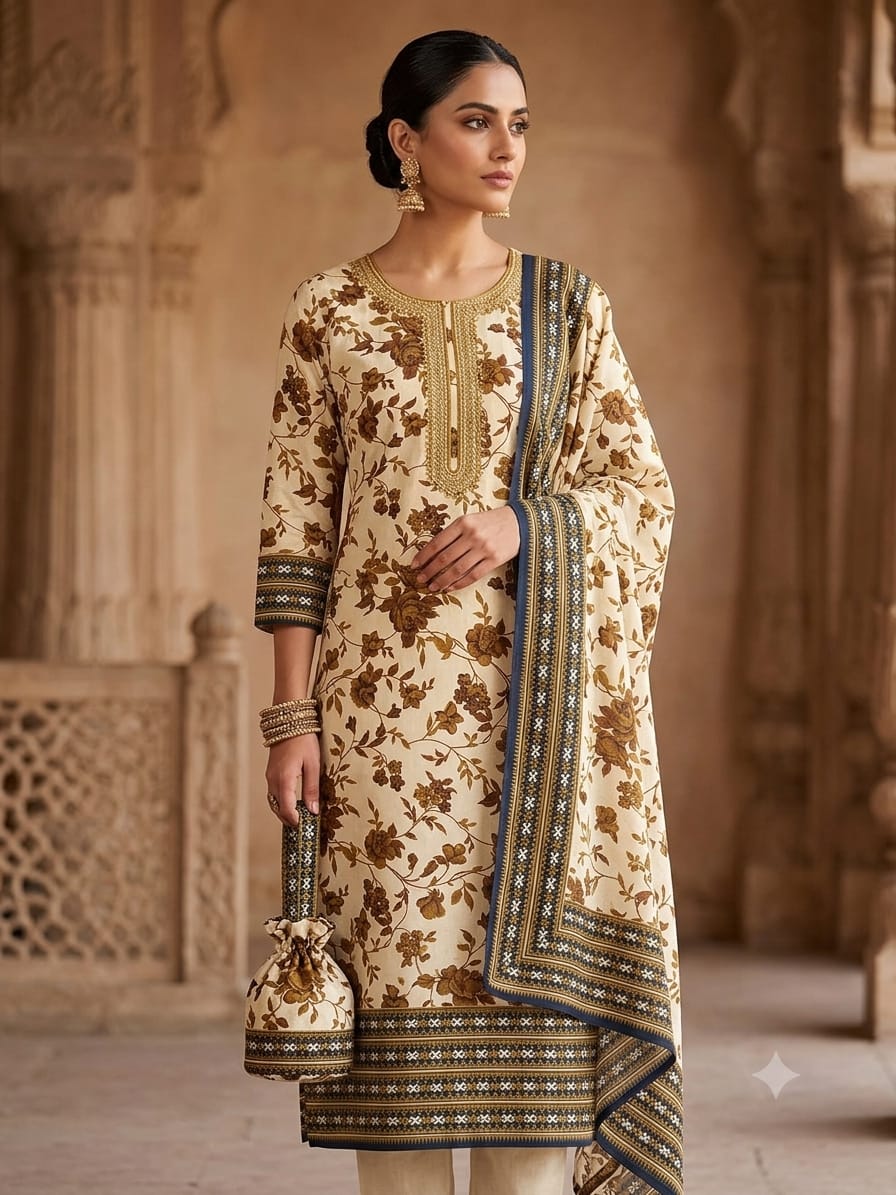 Polo Cotton: 4-Meter Unstitched Premium Cotton Suit Fabric - Cream & Bronze Floral