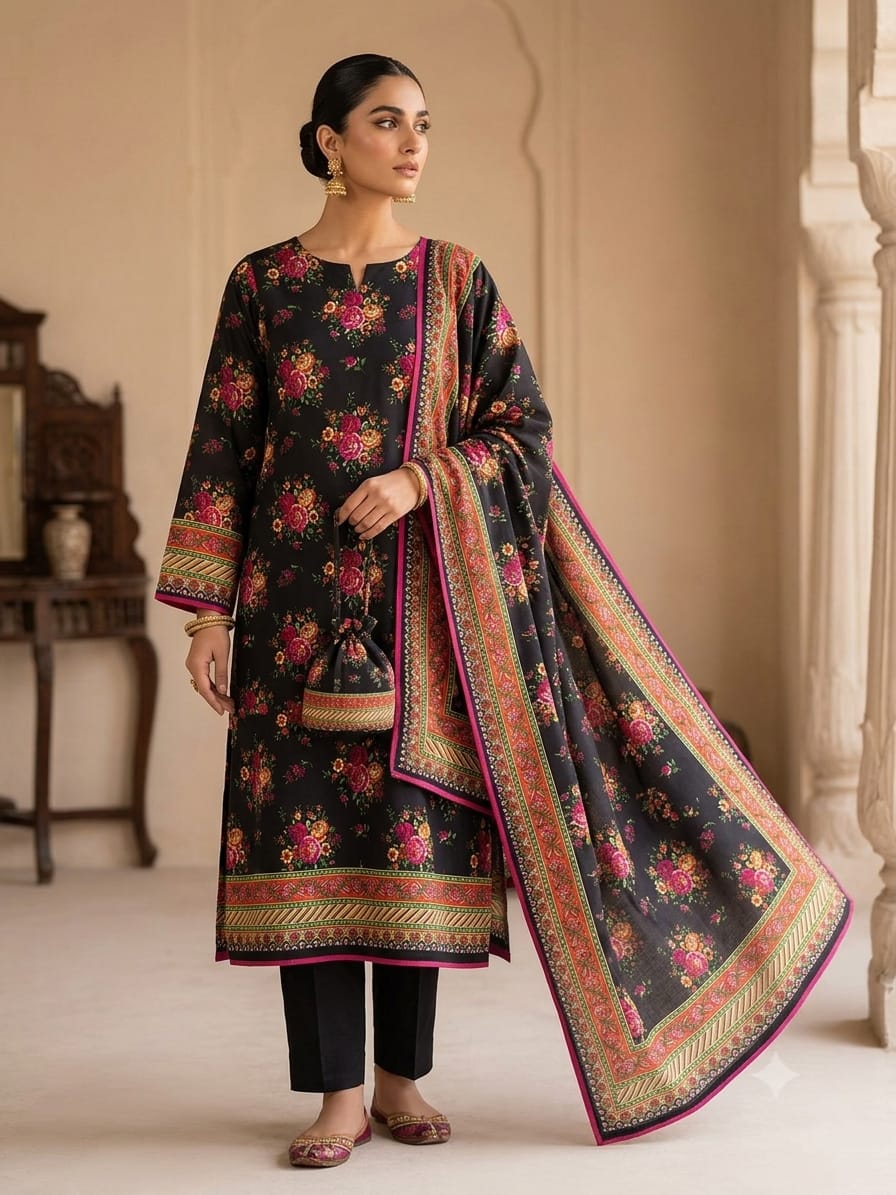 Polo Cotton: 4-Meter Unstitched Premium Cotton Suit Fabric - Black & Magenta Floral