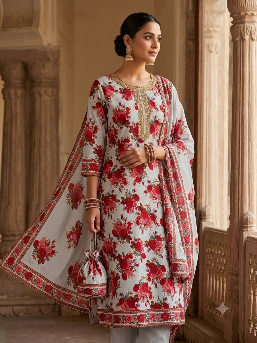 Polo Cotton: 4M Unstitched Grey Floral Suit Fabric