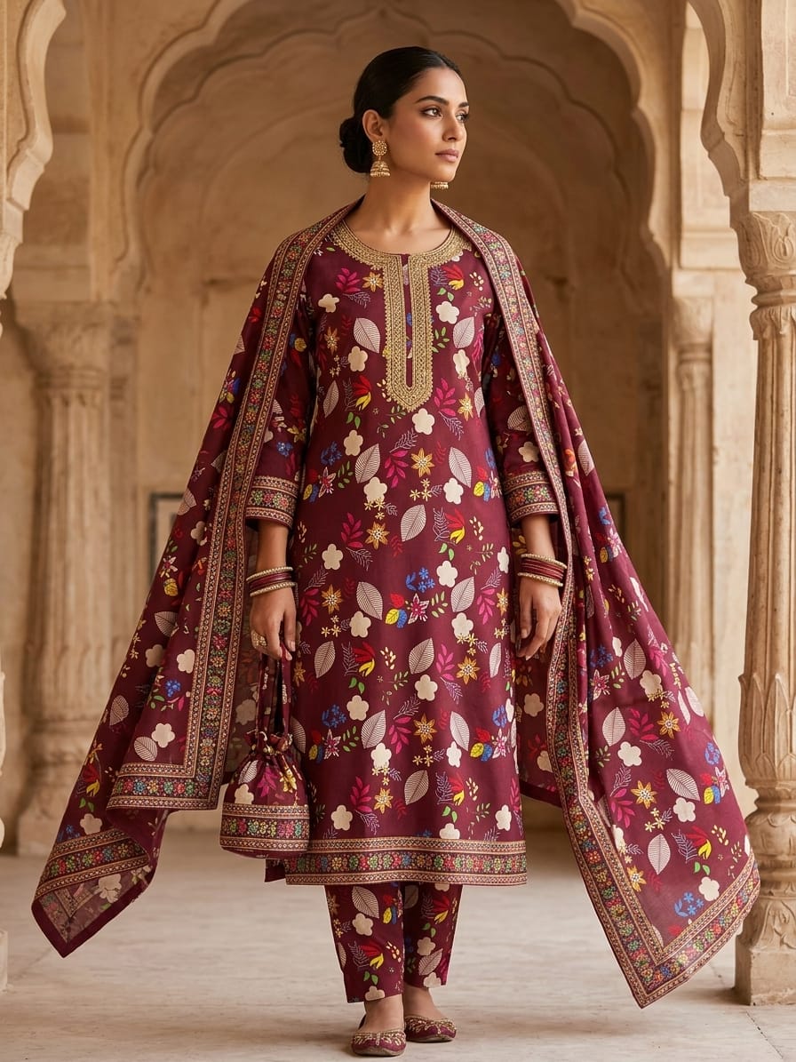 Polo Cotton: 4M Unstitched Maroon Floral Suit Fabric - Premium Lawn