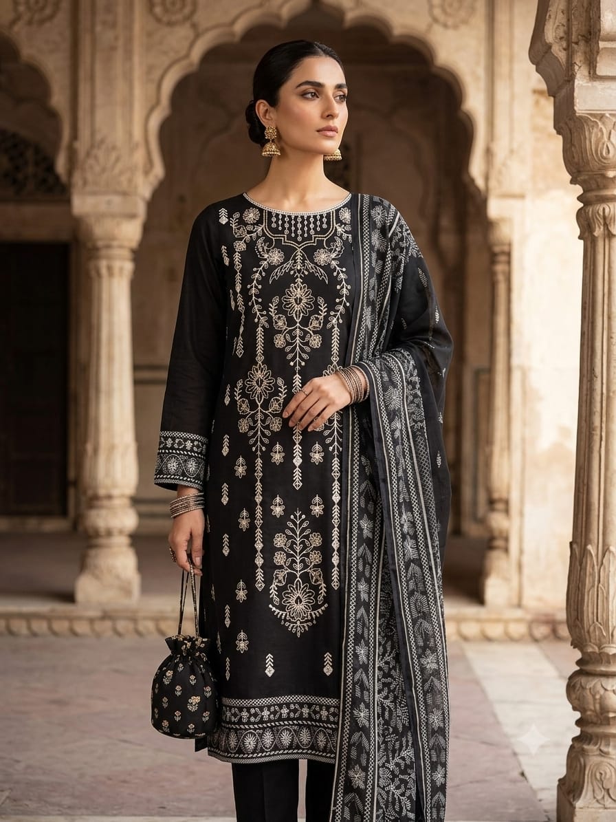 Polo Premium: Unstitched 3-Piece Black Lawn Suit Fabric with Jacquard Dupatta