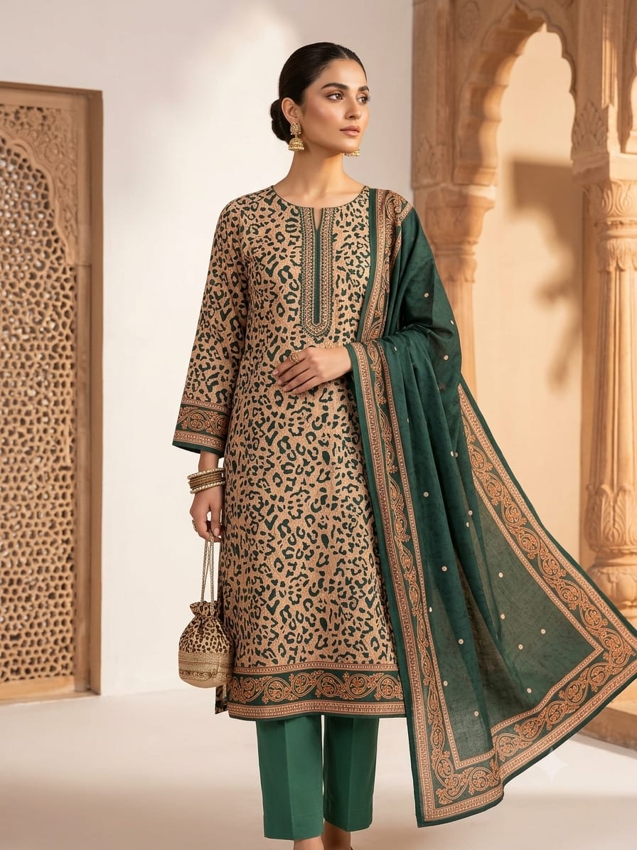 Polo Premium: Unstitched 3-Piece Beige Animal Print Suit Fabric with Green Dupatta