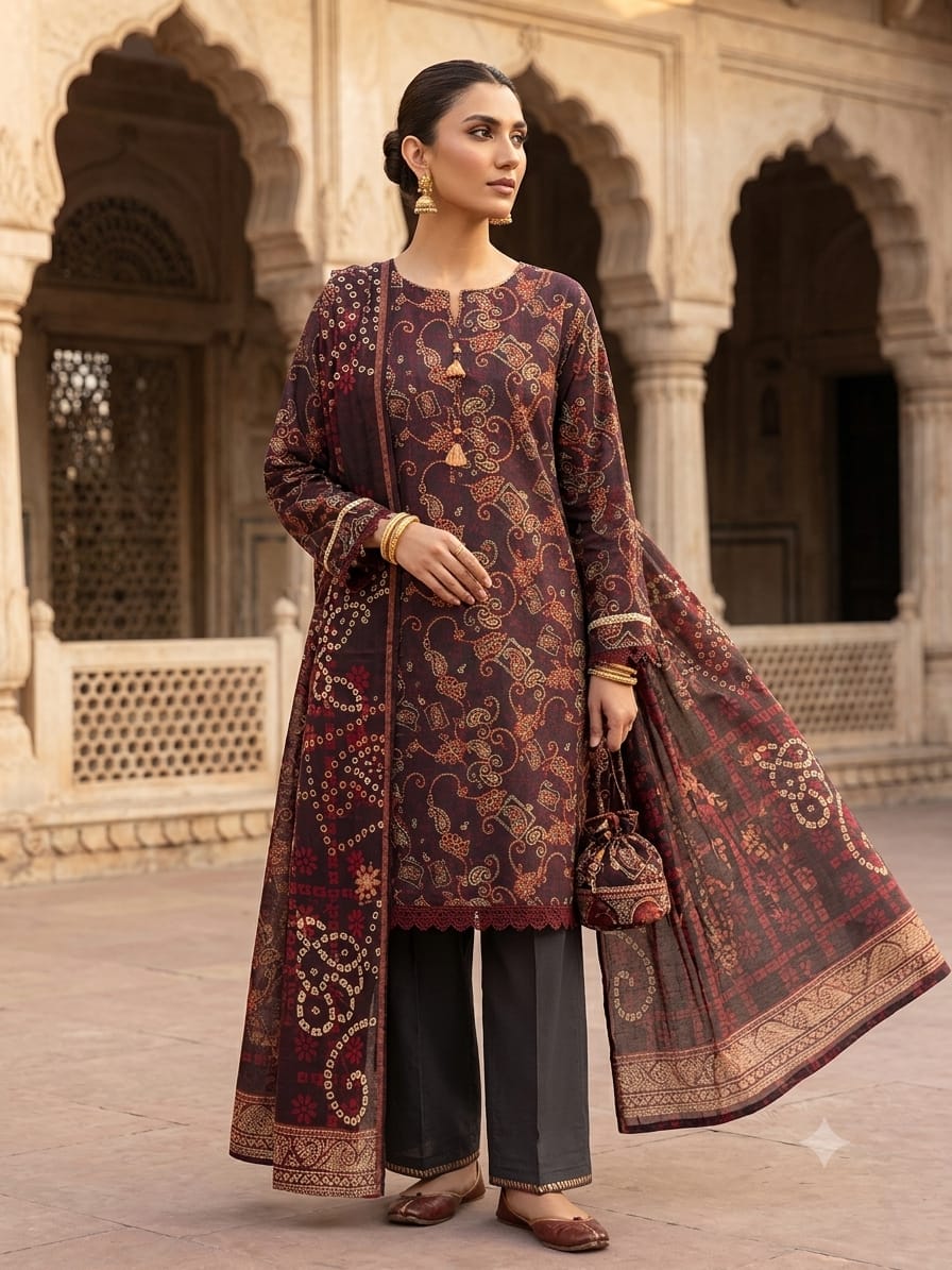 Polo Premium: Unstitched 3-Piece Maroon Paisley & Bandhani Print Suit Fabric
