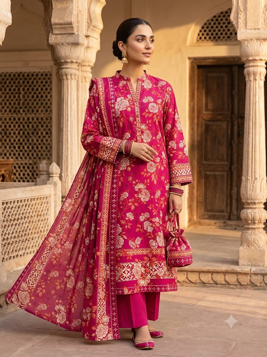 Polo Premium: Unstitched 3-Piece Fuchsia Floral Lawn Suit Fabric