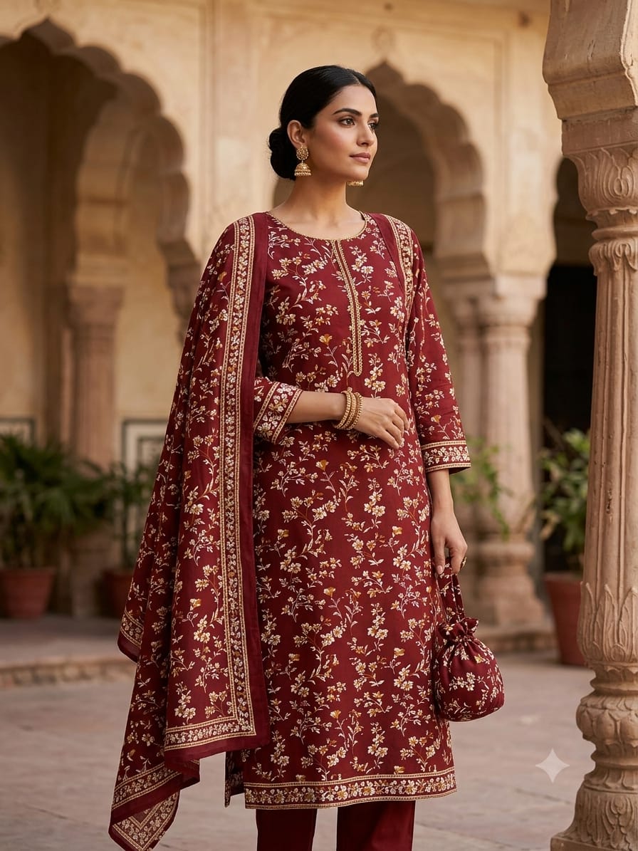Maroon &amp; Gold Botanical Dress Material – 4M Unstitched Cotton Fabric