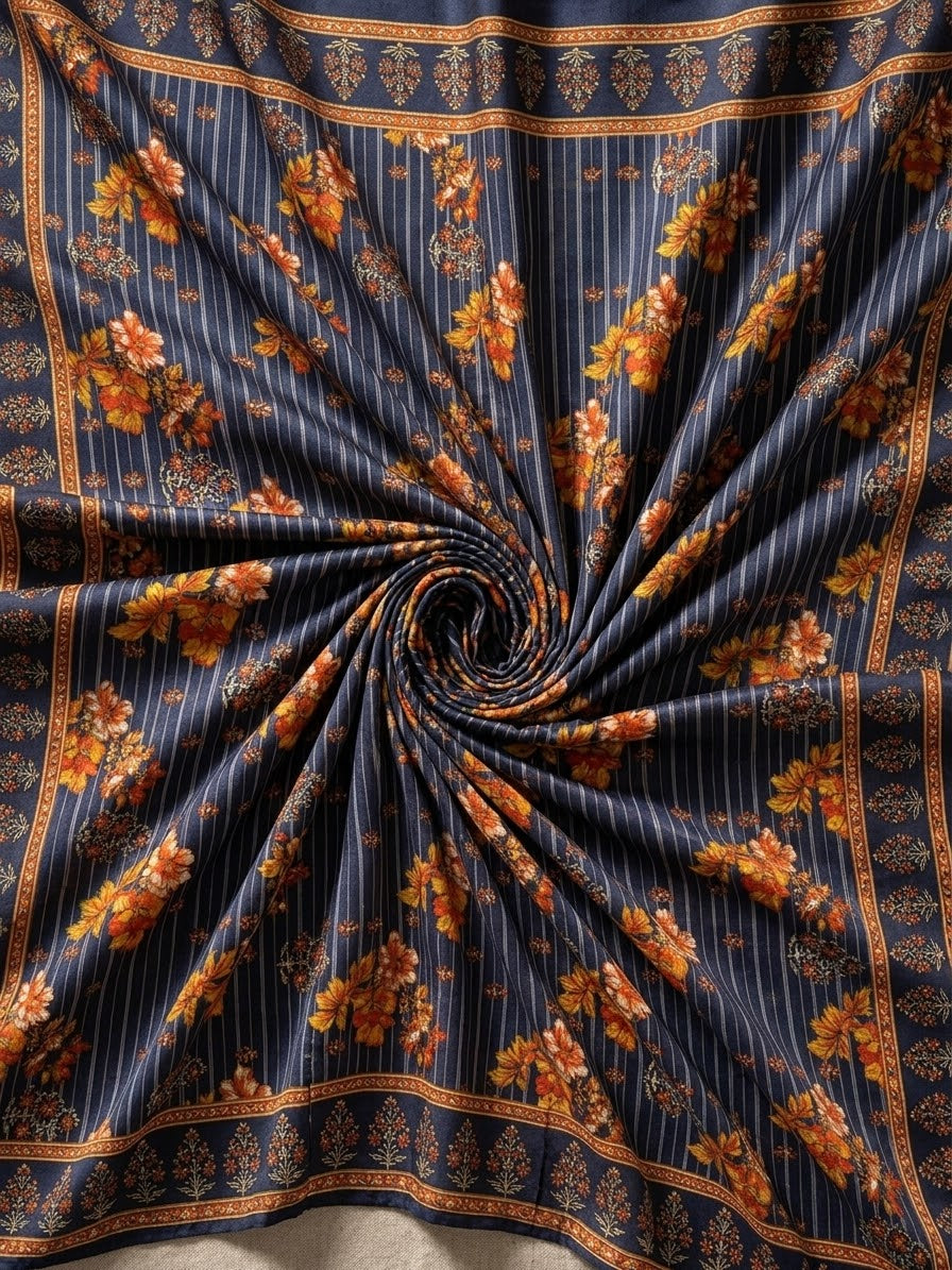 Must-Have Navy Blue Floral and Stripe Print Pure Cotton Fabric (4M)