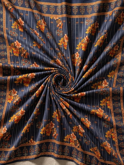 Must-Have Navy Blue Floral and Stripe Print Pure Cotton Fabric (4M)