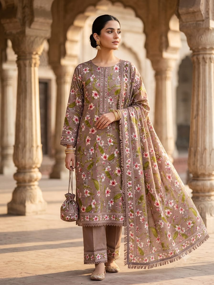Soft Taupe Pink Blossom Printed Polo Cotton Dress Material – 4M Unstitched