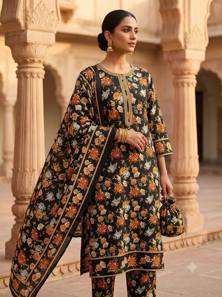 Polo Cotton: 4M Unstitched Black Floral & Leaf Print Premium Lawn Suit Fabric