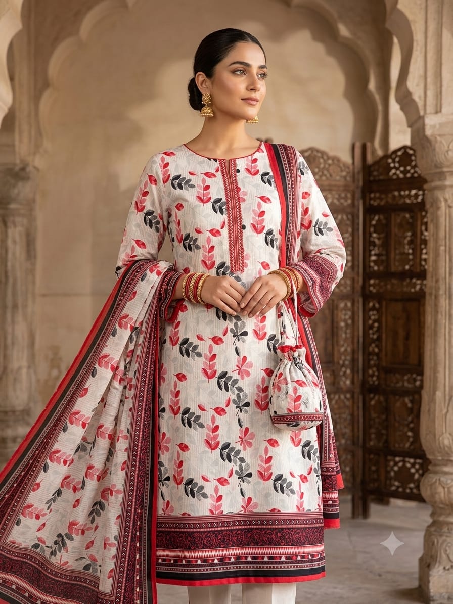 Polo Cotton: 4M Unstitched Cream Suit Fabric with Red & Grey Leaf Print - Premium Lawn