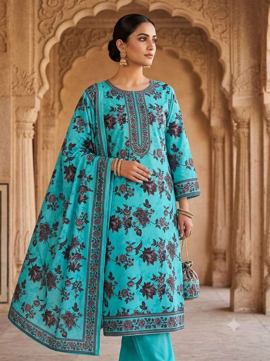 Product Title Polo Cotton: 4M Unstitched Vibrant Turquoise Suit Fabric with Dark Floral & Border Print - Premium Lawn