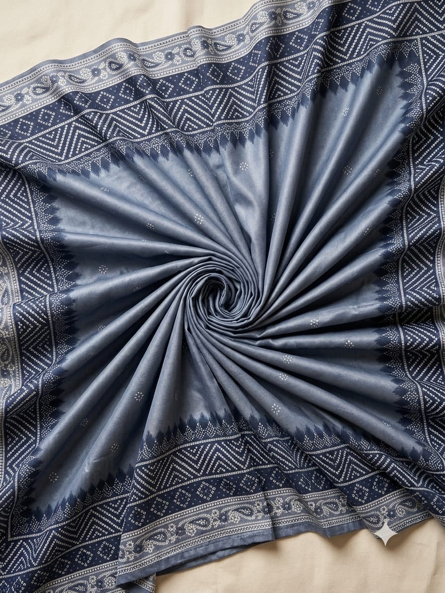 Polo Cotton: 4M Unstitched Grey Bandhani Print Suit Fabric with Contrast Geometric Border
