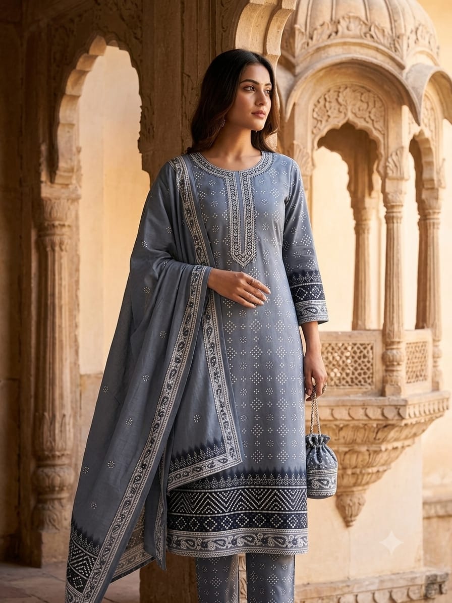 Polo Cotton: 4M Unstitched Grey Bandhani Print Suit Fabric with Contrast Geometric Border