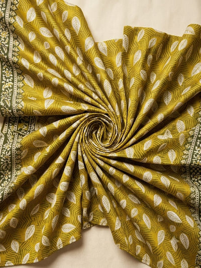 Polo Cotton: 4M Unstitched Mustard Yellow Leaf Print Suit Fabric with Contrast Olive Border