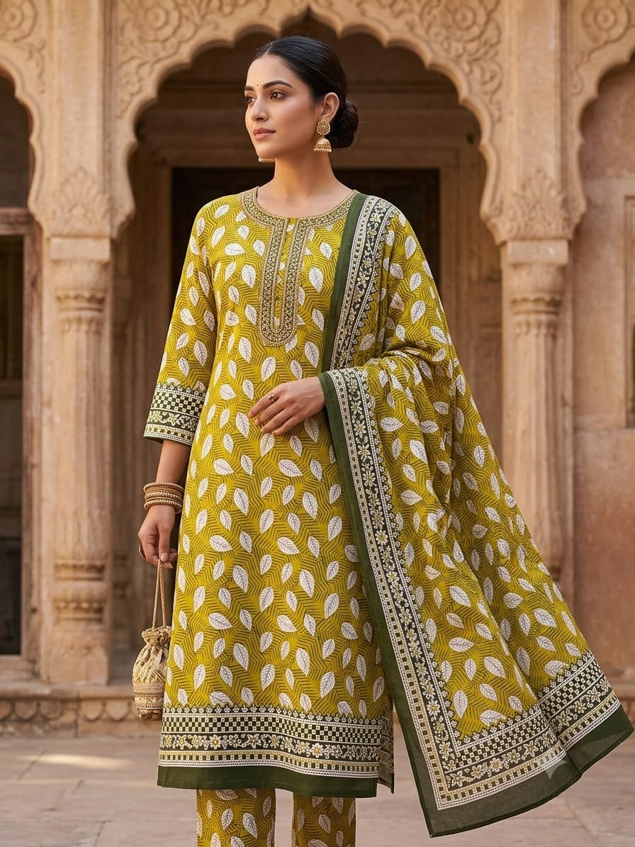 Polo Cotton: 4M Unstitched Mustard Yellow Leaf Print Suit Fabric with Contrast Olive Border