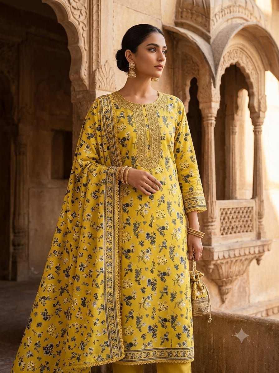 Polo Cotton: 4M Unstitched Yellow Floral Print Suit Fabric with Contrast Grey & White Ditsy Motifs