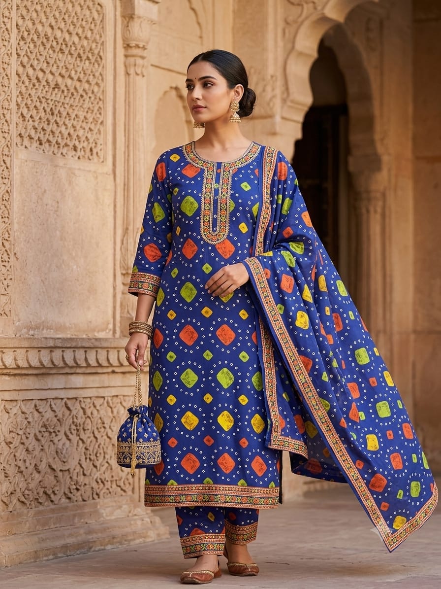 Polo Cotton: 4M Unstitched Royal Blue Bandhani & Geometric Patch Print Suit Fabric with Detailed Borders