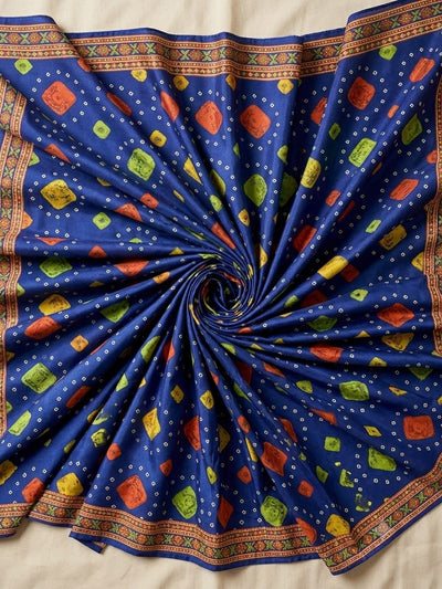 Polo Cotton: 4M Unstitched Royal Blue Bandhani & Geometric Patch Print Suit Fabric with Detailed Borders