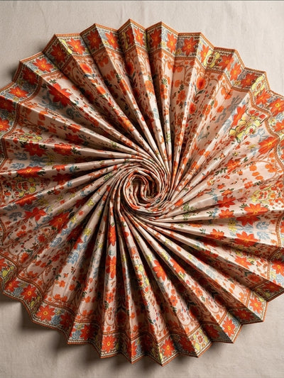 Polo Cotton: 4M Unstitched Beige Floral Print Suit Fabric with Vibrant Orange Motifs