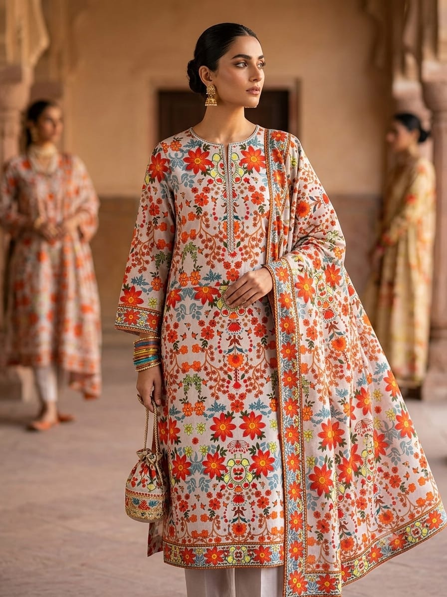 Polo Cotton: 4M Unstitched Beige Floral Print Suit Fabric with Vibrant Orange Motifs