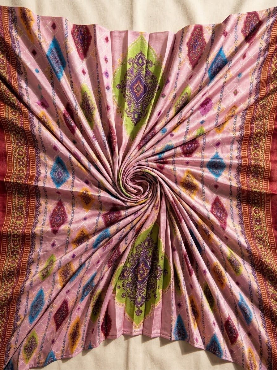 Polo Cotton: 4M Unstitched Pink Ikat Print Suit Fabric with Multi-colored Diamond Motifs