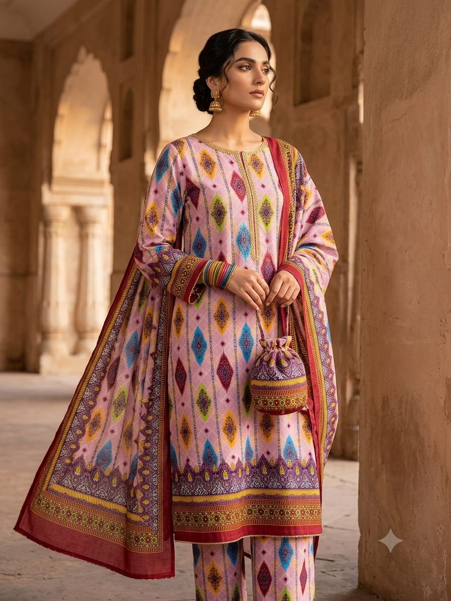 Polo Cotton: 4M Unstitched Pink Ikat Print Suit Fabric with Multi-colored Diamond Motifs