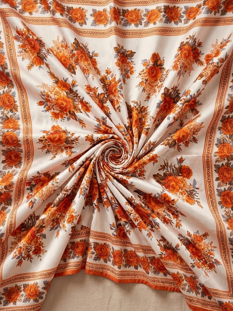 Polo Cotton: 4M Unstitched White Suit Fabric with Vibrant Orange Floral Print - Premium Lawn