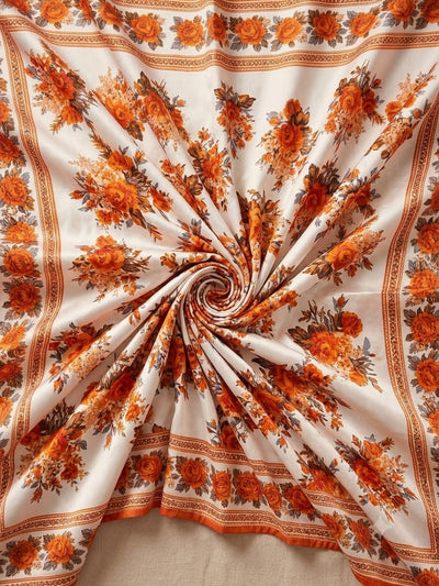 Polo Cotton: 4M Unstitched White Suit Fabric with Vibrant Orange Floral Print - Premium Lawn