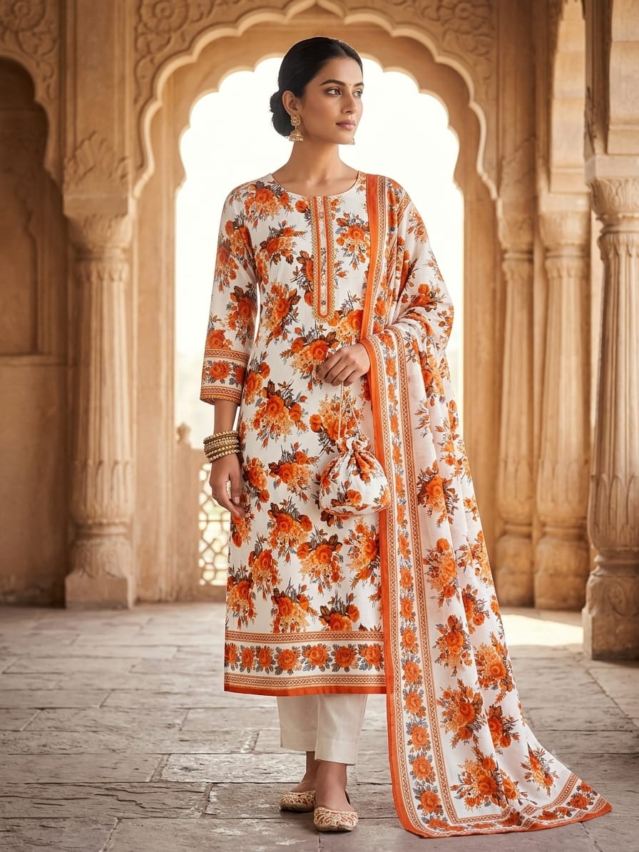 Polo Cotton: 4M Unstitched White Suit Fabric with Vibrant Orange Floral Print - Premium Lawn