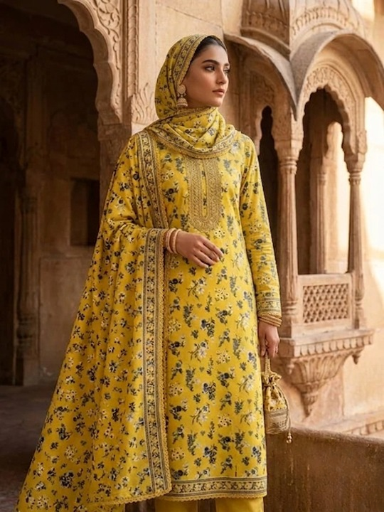 Polo Cotton: 4M Unstitched Yellow Floral Print Suit Fabric with Contrast Grey & White Ditsy Motifs