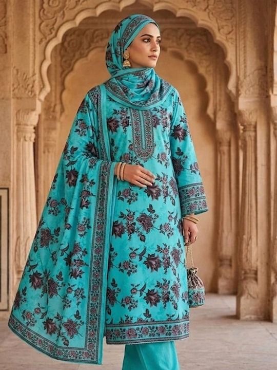 Product Title Polo Cotton: 4M Unstitched Vibrant Turquoise Suit Fabric with Dark Floral & Border Print - Premium Lawn