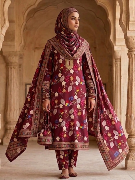 Polo Cotton: 4M Unstitched Maroon Floral Suit Fabric - Premium Lawn
