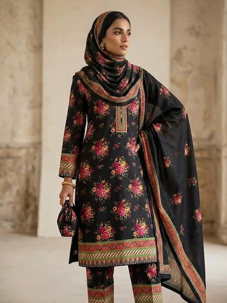 Polo Cotton: 4-Meter Unstitched Premium Cotton Suit Fabric - Black & Magenta Floral
