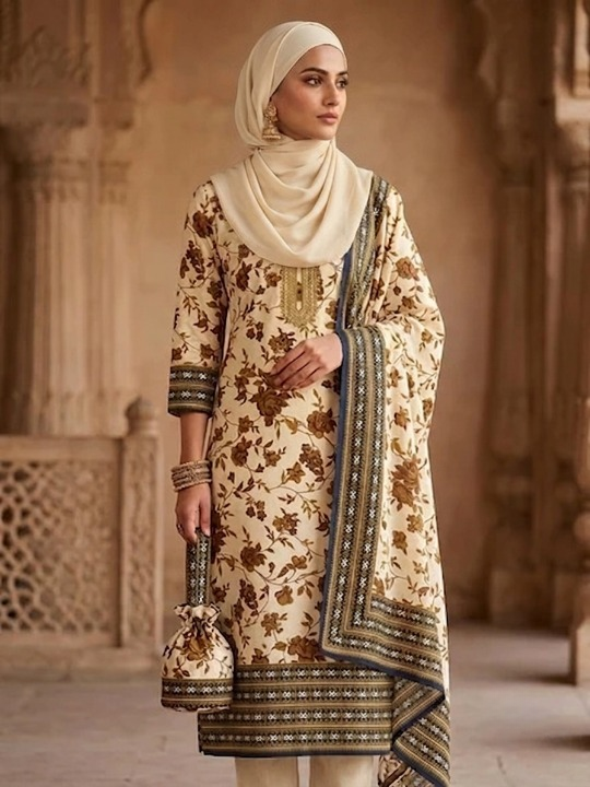 Polo Cotton: 4-Meter Unstitched Premium Cotton Suit Fabric - Cream & Bronze Floral