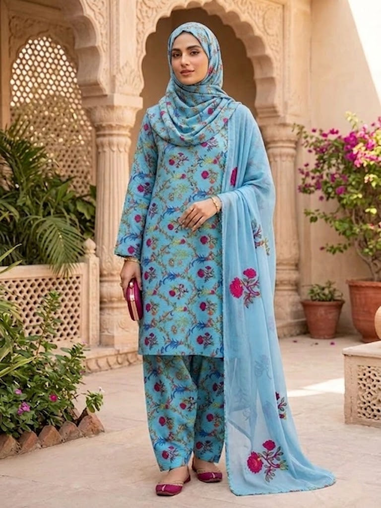Polo Cotton: 4-Meter Unstitched Premium Cotton Suit Fabric - Blue Floral