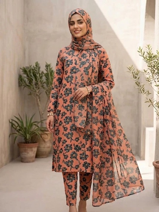 Polo Cotton: 4-Meter Unstitched Premium Cotton Suit Fabric - Peach Floral