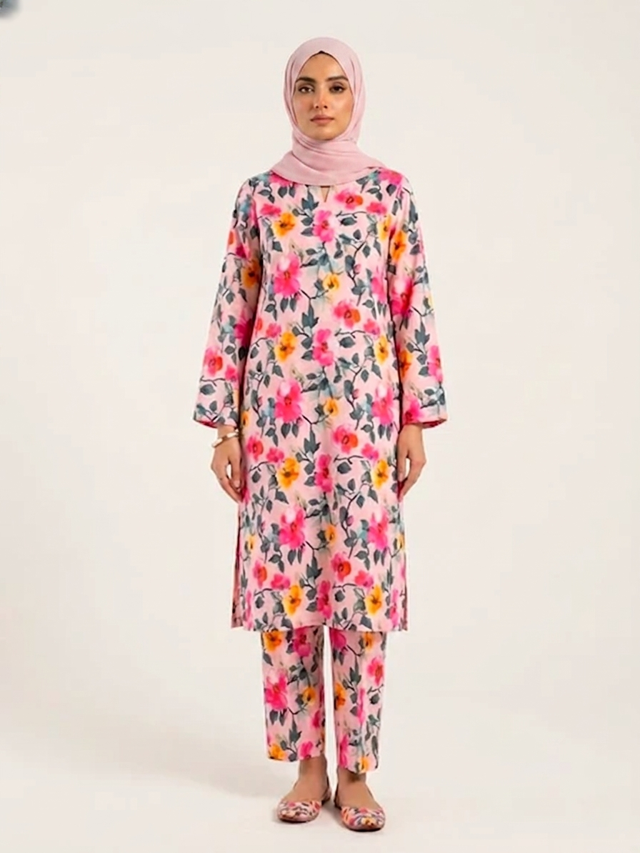 Soft Pink Blossom Printed Polo Cotton Unstitched Dress – 4M Fabric