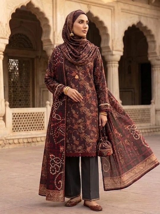 Polo Premium: Unstitched 3-Piece Maroon Paisley & Bandhani Print Suit Fabric